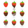 Chocolate covered strawberries vector icon set