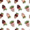 Chocolate covered strawberry. Strawberry in glaze, chocolate, sprinkle. Seamless pattern. Vector