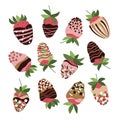 Chocolate covered strawberry. Pink glazed strawberries. Flat, cartoon, vector