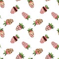 Chocolate covered strawberry seamless pattern. Strawberry in glaze, chocolate, sprinkle. Vector