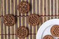 Chocolate cream cookies. brown chocolate sandwich biscuits with cream filling in plate Royalty Free Stock Photo