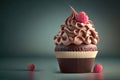 Chocolate Cream Cupcake with Raspberry. Sweet Dessert Food, Generative AI