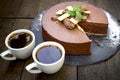 Chocolate creamy cake and coffee for pleasure - rich in aroma