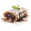 Delicious Chocolate Strudel With Mint Drizzle On White Background