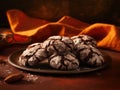 Chocolate crinkle cookies with almonds on a plate