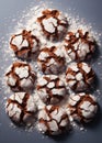 Chocolate crinkle cookies dusted with powdered sugar. Christmas homemade delicious dessert