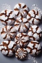 Chocolate crinkle cookies dusted with powdered sugar. Christmas homemade delicious dessert