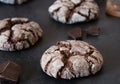 Chocolate Crinkles. Chocolate cookies in powdered sugar on a dark background