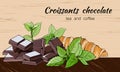 Chocolate and croissants, hand drawn sweets and pastries set. Vector illustration, banner for your design