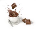 Chocolate cube falling into a white cup with liquid chocolate splash Royalty Free Stock Photo