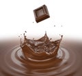 Chocolate cube splashing into a chocolate liquid pool with crown splash