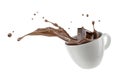 Chocolate cube splashing into a white cup with splash