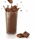 Chocolate cubes splashing into a choco milkshake glass.