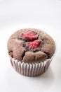 Chocolate cup cake muffin with raspberries isolated on the white plate Royalty Free Stock Photo
