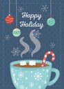 Chocolate cup with marshmallow candy cane happy holiday card