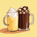 Cartoonish Hot Chocolate And Caramel Mugs On Yellow Background