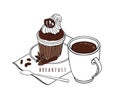 Chocolate cupcake, anise and cinnamon, chocolate chips and coffee beans. Coffee cup with a saucer, spoon and napkin. Royalty Free Stock Photo