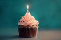 Chocolate cupcake with birthday candle, pink frosting and sugar sprinkles. Generative AI Royalty Free Stock Photo