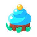 Chocolate Cupcake With Blue Icing, Fairy Tale Candy Land Fair Landscaping Element In Childish Colorful Design Isolated