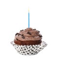 Chocolate cupcake with burning candle isolated on white Royalty Free Stock Photo