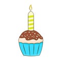 Chocolate cupcake with candle. Cartoon. Vector illustration Royalty Free Stock Photo