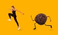 Chocolate Cupcake Chasing Sporty Slim Lady On Yellow Background, Collage Royalty Free Stock Photo