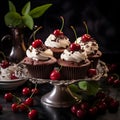 chocolate cupcake with a cherry. decadent black forest cake, adorned with a generous garnish of juicy cherries, tempts the taste