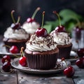 chocolate cupcake with a cherry. decadent black forest cake, adorned with a generous garnish of juicy cherries, tempts the taste