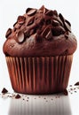 Chocolate cupcake with chocolate chips and cream. Generative AI.