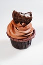 Chocolate cupcake with cream and cookies on white background. copy space.