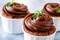 Hocolate cupcake with chocolate cream in white capsules with mint Royalty Free Stock Photo