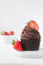 Chocolate cupcake with dark chocolate buttercream and strawberries, double chocolate cupcakes with american buttercream