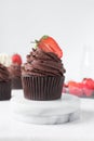 Chocolate cupcake with dark chocolate buttercream and strawberries, double chocolate cupcakes with american buttercream