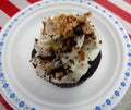 Chocolate cupcake decorated with white frosting, chocolate cookie crumbs, shredded coconut and chocolate malt ball Royalty Free Stock Photo