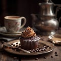 Chocolate cupcake and offee with mint on wooden table Royalty Free Stock Photo