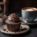 Chocolate cupcake and offee with mint on wooden table. Generative AI. Royalty Free Stock Photo