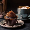 Chocolate cupcake and offee with mint on wooden table. Generative AI. Royalty Free Stock Photo