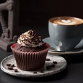Chocolate cupcake and offee with mint on wooden table. Generative AI Royalty Free Stock Photo