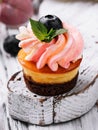 Chocolate cupcake with pink cream and fresh blueberry Royalty Free Stock Photo