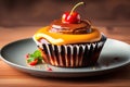 chocolate cupcake with red cherry and a chocolate on top of wooden table Royalty Free Stock Photo