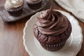 Chocolate Cupcake With Swirled Frosting on a Wooden Table