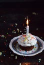 Chocolate cupcake with vanilla cream and candle. Happy Birthday. Dark photo Royalty Free Stock Photo