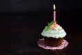 Chocolate cupcake with vanilla cream and candle. Happy Birthday. Dark photo Royalty Free Stock Photo