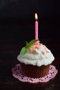 Chocolate cupcake with vanilla cream and candle. Happy Birthday. Dark photo Royalty Free Stock Photo