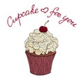 Chocolate cupcake with vanilla cream and cherry. Logo sweet cake with a wish Royalty Free Stock Photo