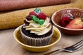 Chocolate cupcake with vanilla frosting and raspberries still life stock images Royalty Free Stock Photo