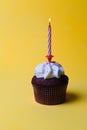 Chocolate cupcake with white cream and a burning candle on a yellow background Royalty Free Stock Photo