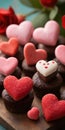 Chocolate cupcakes adorned with heart decorations on a wooden table. Royalty Free Stock Photo