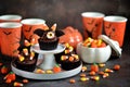 Chocolate cupcakes `bats` - delicious bakery sweets for the celebration of Halloween. Royalty Free Stock Photo