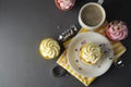 Chocolate cupcakes and coffee , breakfast with colorful cupcakes. Gray background. Sweet dessert. Copy space Royalty Free Stock Photo